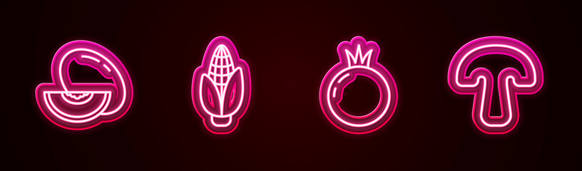 Set line Melon fruit, Corn, Tomato and Mushroom. Glowing neon icon. Vector