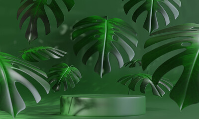 Green podium with Monstera leaf for product presentation. Natural beauty pedestal, 3d illustration