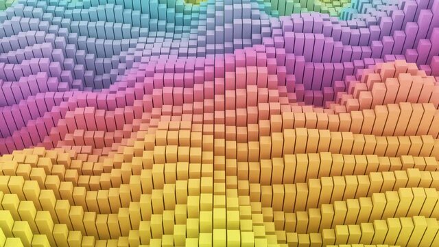 3d Animation of rainbow waves made by moving cubic boxes, geometric colorful voxel abstract 4k looping background
