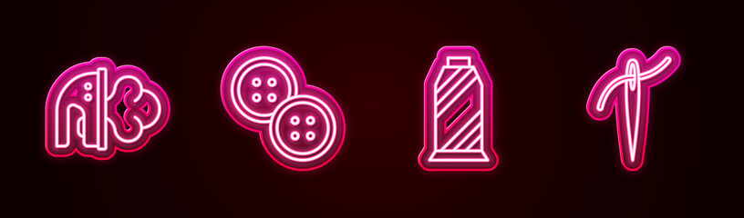 Set line Electric iron, Sewing button, thread spool and Needle with. Glowing neon icon. Vector