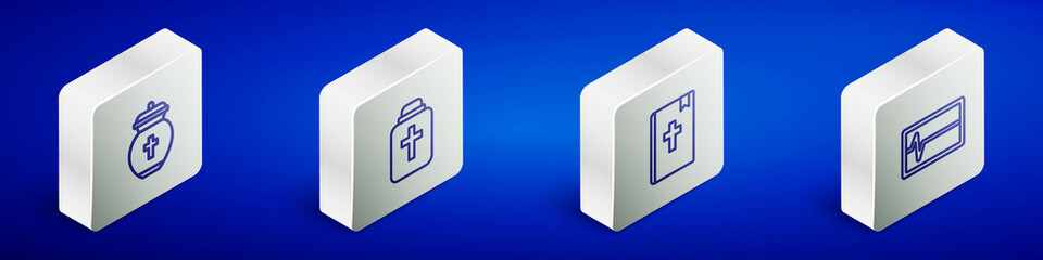 Set Isometric line Funeral urn, , Holy bible book and Beat dead in monitor icon. Vector