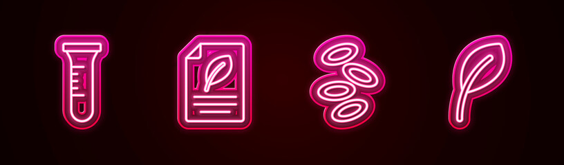 Set line Test tube and flask, Eco paper with leaf, Hemoglobin and Leaf or leaves. Glowing neon icon. Vector