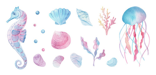Sea animals set. Blue watercolor ocean fish and coral. Shell aquarium background. marine illustration, jellyfish, starfish - obrazy, fototapety, plakaty
