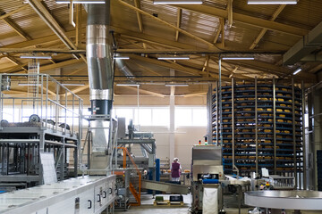 Loafs of bread in a bakery on an automated conveyor belt