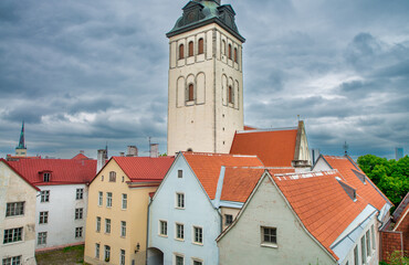 St Nicholas Church and colorful buildings in Tallinn Old Town, Estonia.