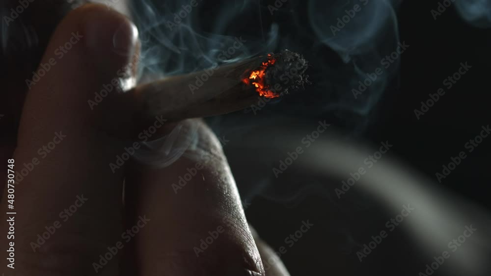 Sticker Male fingers with burning cannabis cigarette with smoke and cigarette glow under the blinking police lights, macro crime scene view.