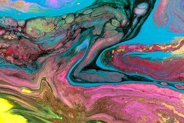 Naklejka premium Abstract fluorescent ink liquid mix with gold dust.
