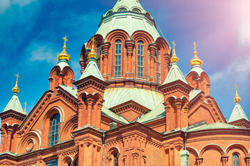 Uspenski Cathedral, Helsinki - Finland. On Hill At Summer Sunny Day. Red Church - Tourist destination In Finnish Capital.