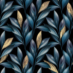 Blue and gold leaves seamless pattern on black background.