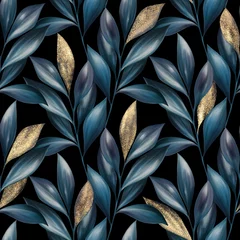 Photo sur Plexiglas Or bleu Modèle sans couture de feuilles bleu et or sur fond noir.