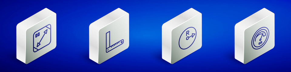 Set Isometric line Diagonal measuring, Corner ruler, Radius and Speedometer icon. Vector