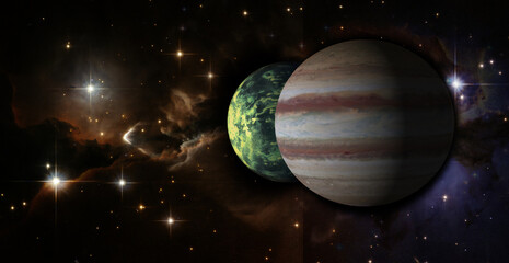 Jupiter planet and one of its moon in space. Elements of this image furnished by NASA.