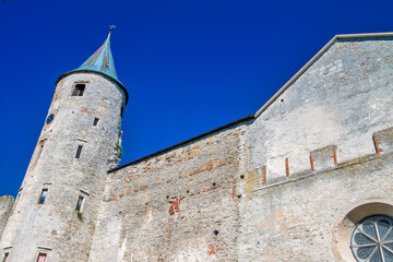 Ruins of Haapsalu Episcopal Castle and cannons in front, Estonia in summer season.