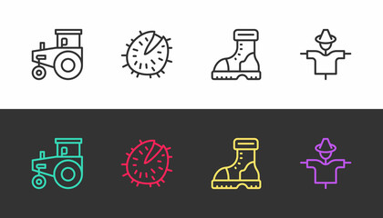 Set line Tractor, Chestnut, Waterproof rubber boot and Scarecrow on black and white. Vector