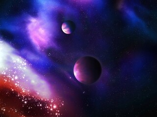 Amazing cosmos in vibrant tones. Alien planets and interstellar nebula. Exoplanets in colorful space with stardust and cluster of stars 