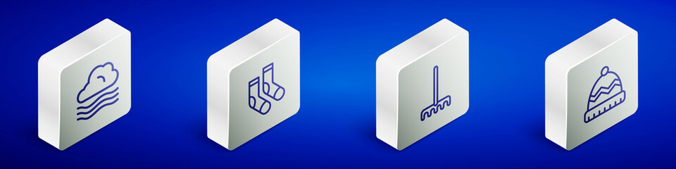 Set Isometric line Windy weather, Socks, Garden rake and Winter hat icon. Vector