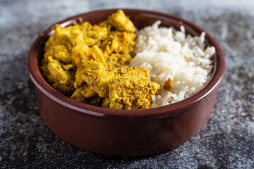 Basmati rice with chicken curry.
