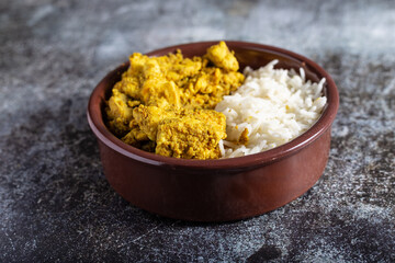 Basmati rice with chicken curry.