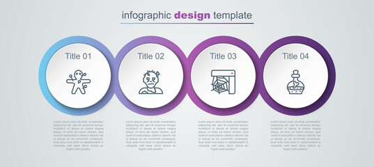 Set line Voodoo doll, Zombie mask, Spider web and Bottle with potion. Business infographic template. Vector