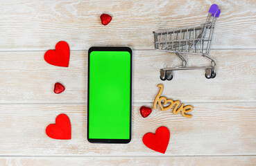 valentines day greeting card, festive green screen cell phone, technology mock up and chroma key...