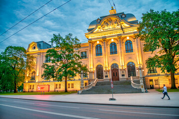 Latvian National Museum of Art at sunset, Riga - Latvia. - obrazy, fototapety, plakaty