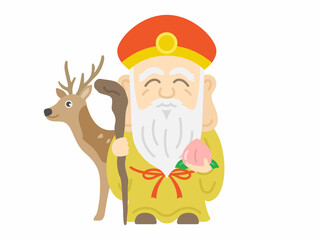 七福神の寿老人の神様と鹿のイラスト
