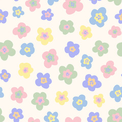 Cute retro flowers seamless repeat pattern. Random placed, irregular vector ditsy daisy millefleurs all over surface print in 70s style.