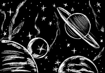 Cosmic landscape with meteorites, planets and stars © alexandrnina