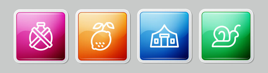 Set line Canteen water bottle, Lemon, Tourist tent and Snail. Colorful square button. Vector