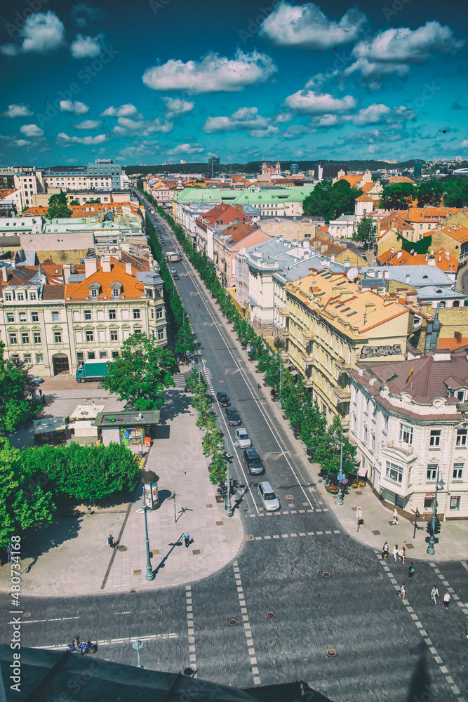 Sticker VILNIUS, LITHUANIA - JULY 10, 2017: Aerial view of Vilnius city skyline on a clear sunny day.