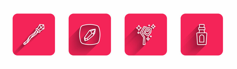 Set line Magic staff, stone, and Bottle with potion with long shadow. Red square button. Vector