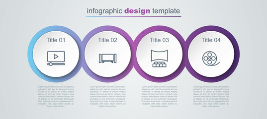 Set line Online play video, Smart Tv, Cinema auditorium with screen and Film reel. Business infographic template. Vector