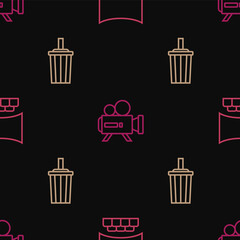 Set line Cinema auditorium with screen, Paper glass water and Retro cinema camera on seamless pattern. Vector