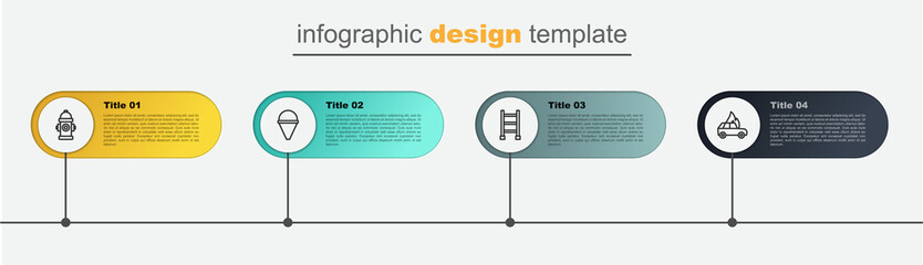 Set line Burning car, Fire escape, cone bucket and hydrant. Business infographic template. Vector