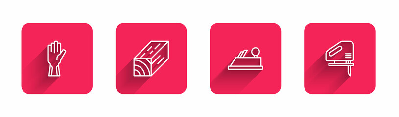 Set line Protective gloves, Wooden beam, plane tool and Electric jigsaw with long shadow. Red square button. Vector