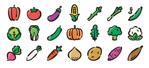 Vegetable icon set for graphic (Hand-drawn line, colored version)