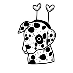 Puppy head draw black and white line. Dalmatian doodle style on isolated background. Valentine's day icon