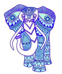 Ethnic ornated elephant Vector illustration in zentangle style. Hand drawn Design elements. Trendy cover book greeting card. Animals print cover t-shirt cup black and white. Indian bright pattern