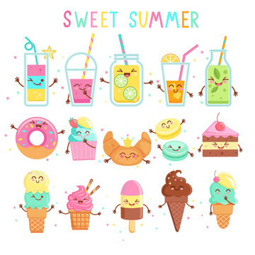 Big set funny sweet food characters.Friendly ice cream,bakery,summer drinks symbols.Hand drawn sundaes,cake,donut,macaroon and cupcake,croissant,smiling lemonade,smoothie,juice for web,design,print.