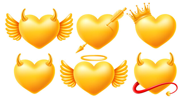 Set of realistic golden hearts with wings, pierced by cupid arrow, decorated by crown, horns and halo. And even with a tail. Hearts of angel and devil concept. Vector illustration EPS10.