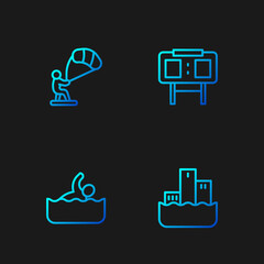 Set line Winner podium, Swimmer, Kitesurfing and Sport mechanical scoreboard. Gradient color icons. Vector