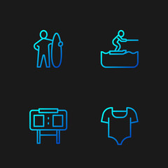 Set line Swimsuit, Sport mechanical scoreboard, Surfboard and Water skiing man. Gradient color icons. Vector