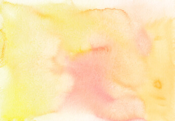 Watercolor pastel yellow-orange background texture. Watercolour bright peach backdrop. Light yellow-pink stains on paper, hand painted.