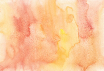 Watercolor pastel orange-yellow background texture. Watercolour peach color backdrop. Light coral color stains on paper, hand painted.