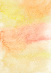 Abstract pastel yellow and orange watercolor background texture, hand painted. Artistic light peach color backdrop, stains on paper. Aquarelle painting wallpaper.