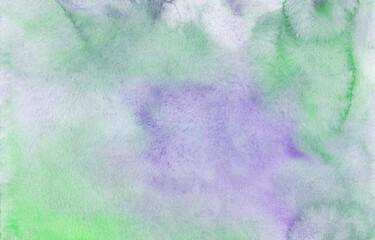 Watercolor neutral green and purple background texture. Calm dirty green-violet stains on paper, hand painted.