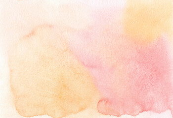 Obraz na płótnie Canvas Watercolor gradient pastel orange-pink background texture, hand painted. Aquarelle ombre light peach and rose colors backdrop, stains on paper. Artistic painting wallpaper.