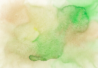Watercolor pastel green and beige background texture. Light khaki and brown stains on paper, hand painted.