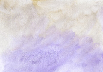 Watercolor pastel beige and purple background texture. Light brown and violet stains on paper, hand painted.