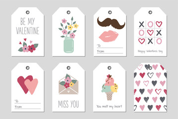 Valentine day gift tags. Hand drawn vector design elements. Heart, flowers, letter, ice cream, kiss, lips, moustache.